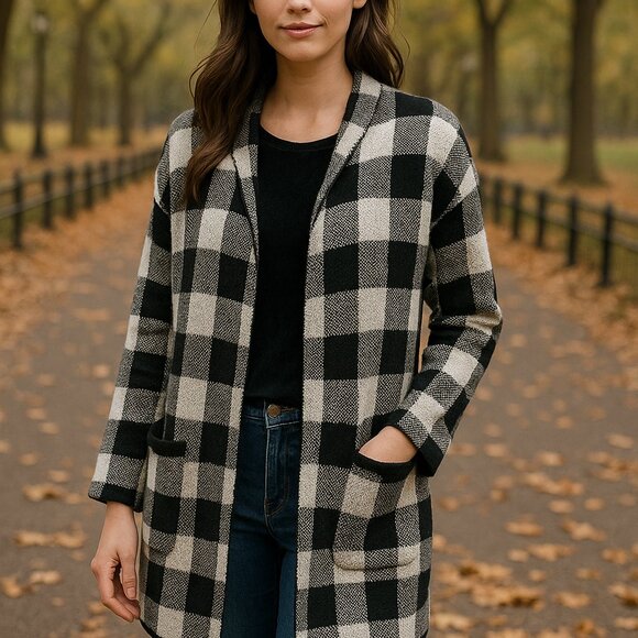 Talbots Womens Cardigan/Coatigan Black White Open Sweater Jacket Checkered SZMP - Picture 1 of 11